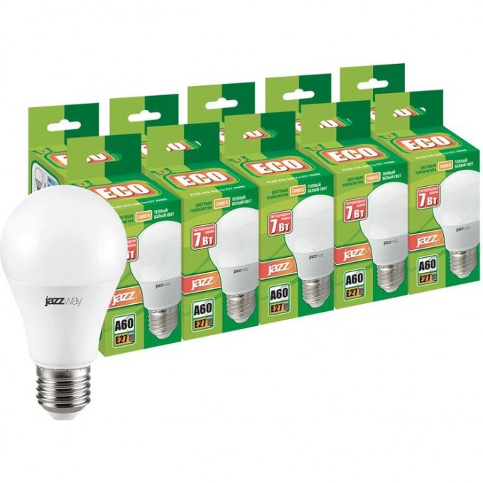 Лампа светодиодная JAZZWAY PLED-ECO 7Вт A60 3000К E27 230В 50Гц 10шт. 1033284 Лампа светодиодная JAZZWAY PLED-ECO 7Вт A60 3000К E27 230В 50Гц 10шт. 1033284